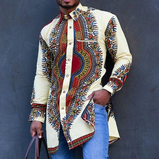 Get Traditional African Style with Long Dashiki Sleeves Polyester Printing Shirt for Men - Free Delivery Worldwide only at Flexi Africa