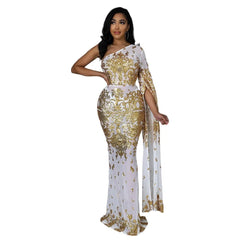 Glamorous Gold and Black: African Fashion Long Dresses for Women - Elevate Your Style in Spring and Autumn - Flexi Africa - Flexi Africa offers Free Delivery Worldwide - Vibrant African traditional clothing showcasing bold prints and intricate designs