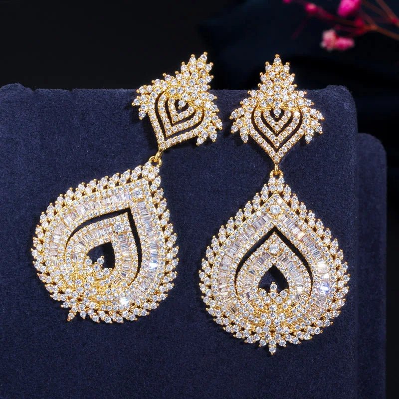 Gold Color African Nigerian Big Long Earrings for Women - Perfect for Weddings and Parties - Free Delivery Worldwide only at Flexi Africa