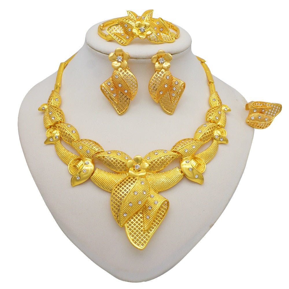 Gold Necklace Set for Women: Ideal for Nigerian African Weddings Complete with Earrings Rings - Flexi Africa