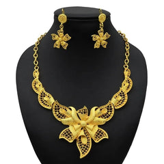 Gold-Plated Jewelry Set: Exquisite 24K Gold-Colored Necklace and Earrings for African Bridal Wear at Nigerian Wedding