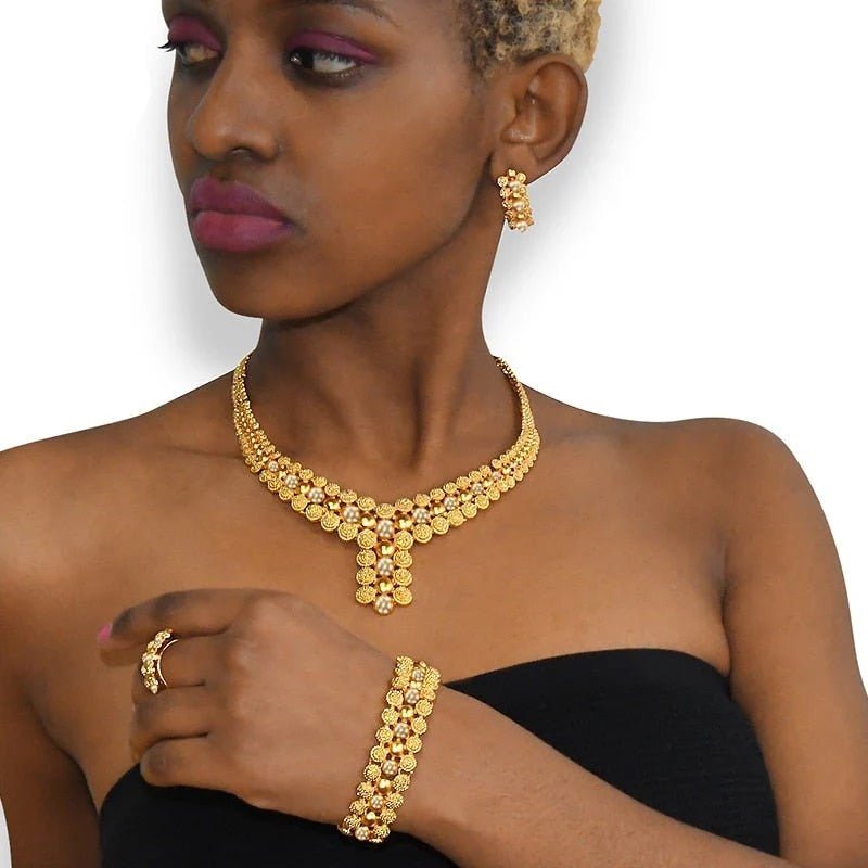 Gold Plated Wedding Jewelry Set - Complete African Chokers Necklace, Earrings, and Rings Fashion Bridal Jewellery Set