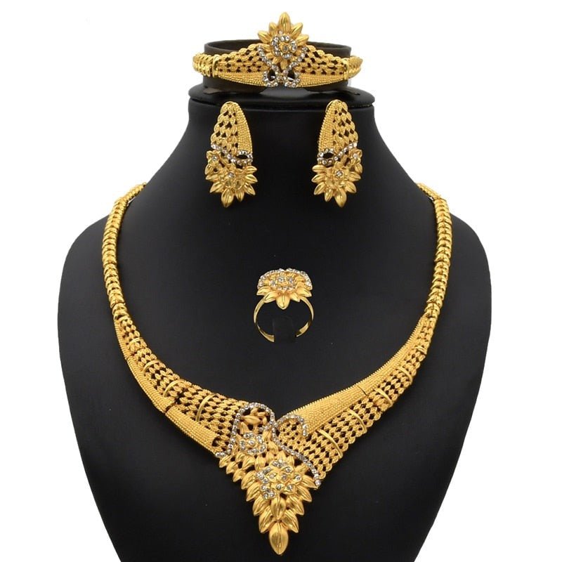 Gold Plated Wedding Jewelry Set - Complete African Chokers Necklace, Earrings, and Rings Fashion Bridal Jewellery Set - Flexi Africa - Flexi Africa offers Free Delivery Worldwide - Vibrant African traditional clothing showcasing bold prints and intricate designs