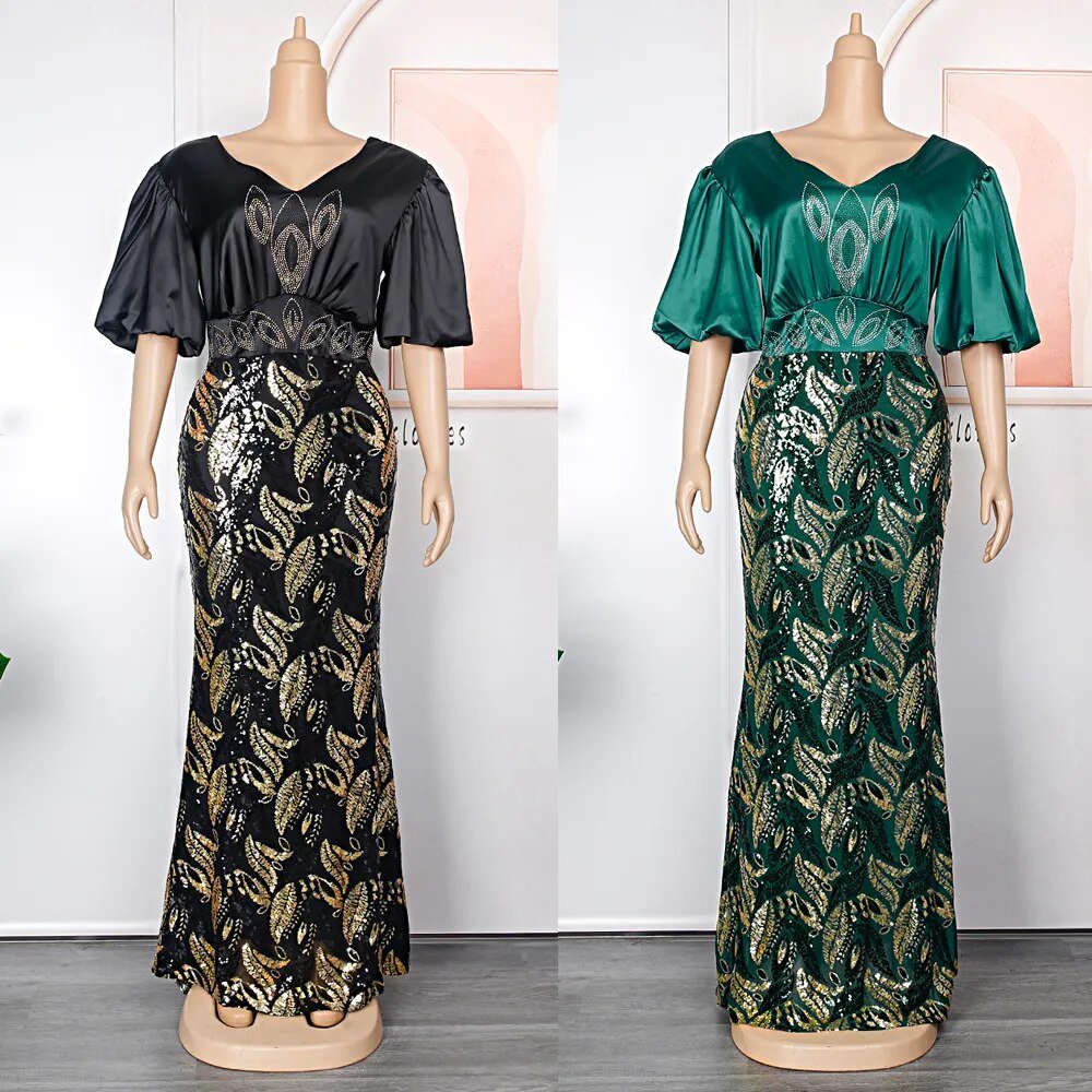 Graceful Glamour: Luxurious Satin Sequin Maxi Gown for Plus-Size Elegance - Flexi Africa - Flexi Africa offers Free Delivery Worldwide - Vibrant African traditional clothing showcasing bold prints and intricate designs