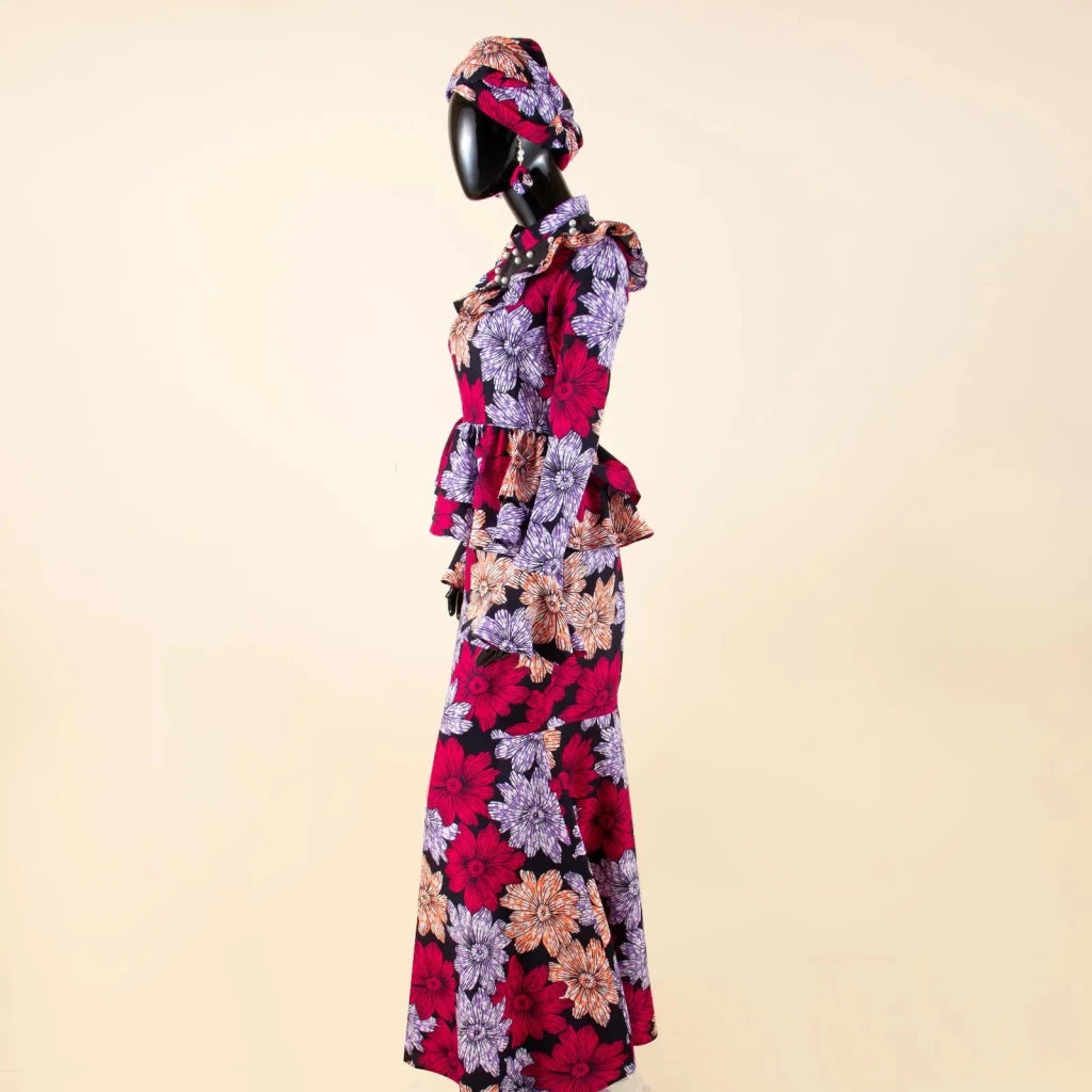 Luxury African Ankara Mermaid Skirt Set with Horn Sleeve Top & Matching Headscarf - Free Delivery Worldwide only at Flexi Africa
