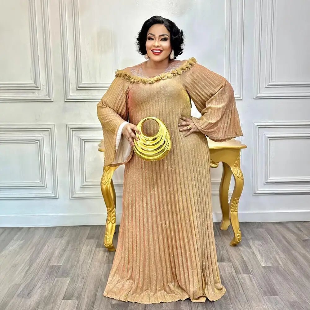 Luxury African Boubou Dress for Women – Classical Elegance Rhodochrosite Design with Folded Pleats - Free Delivery Worldwide only at Flexi Africa