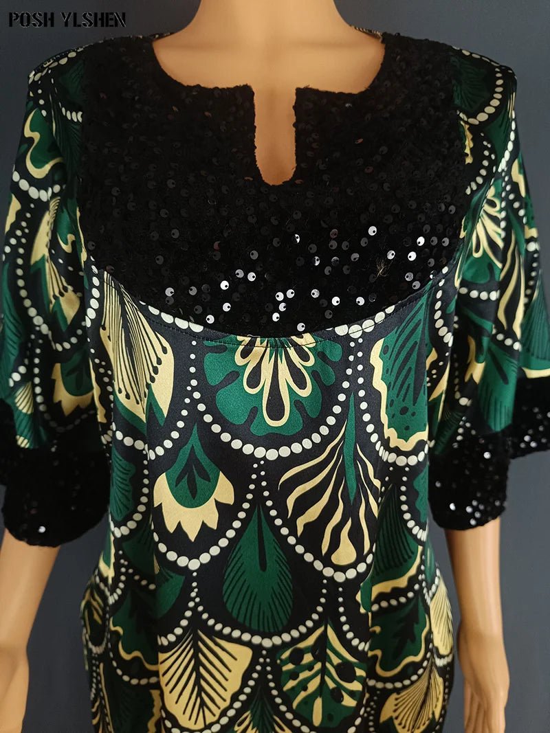 Buy Luxury African Long Gown – Sequin Embellished Caftan Dress with Floral Print and Slit for only $61.49 at Flexi Africa!