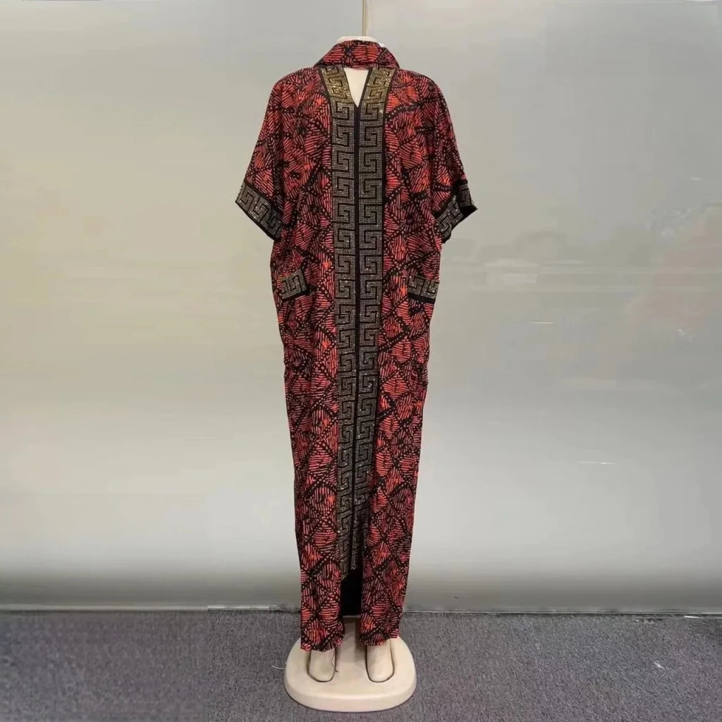 Luxury African Print Bubu Dress – V - Neck Loose Evening Gown with Rhinestone Pocket - Free Delivery Worldwide only at Flexi Africa