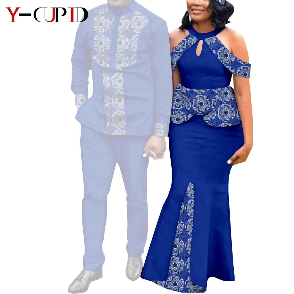 Buy Matching Bazin African Couple Attire – Women’s Mermaid Dress & Men’s Shirt Pant Set for only $67.83 at Flexi Africa!