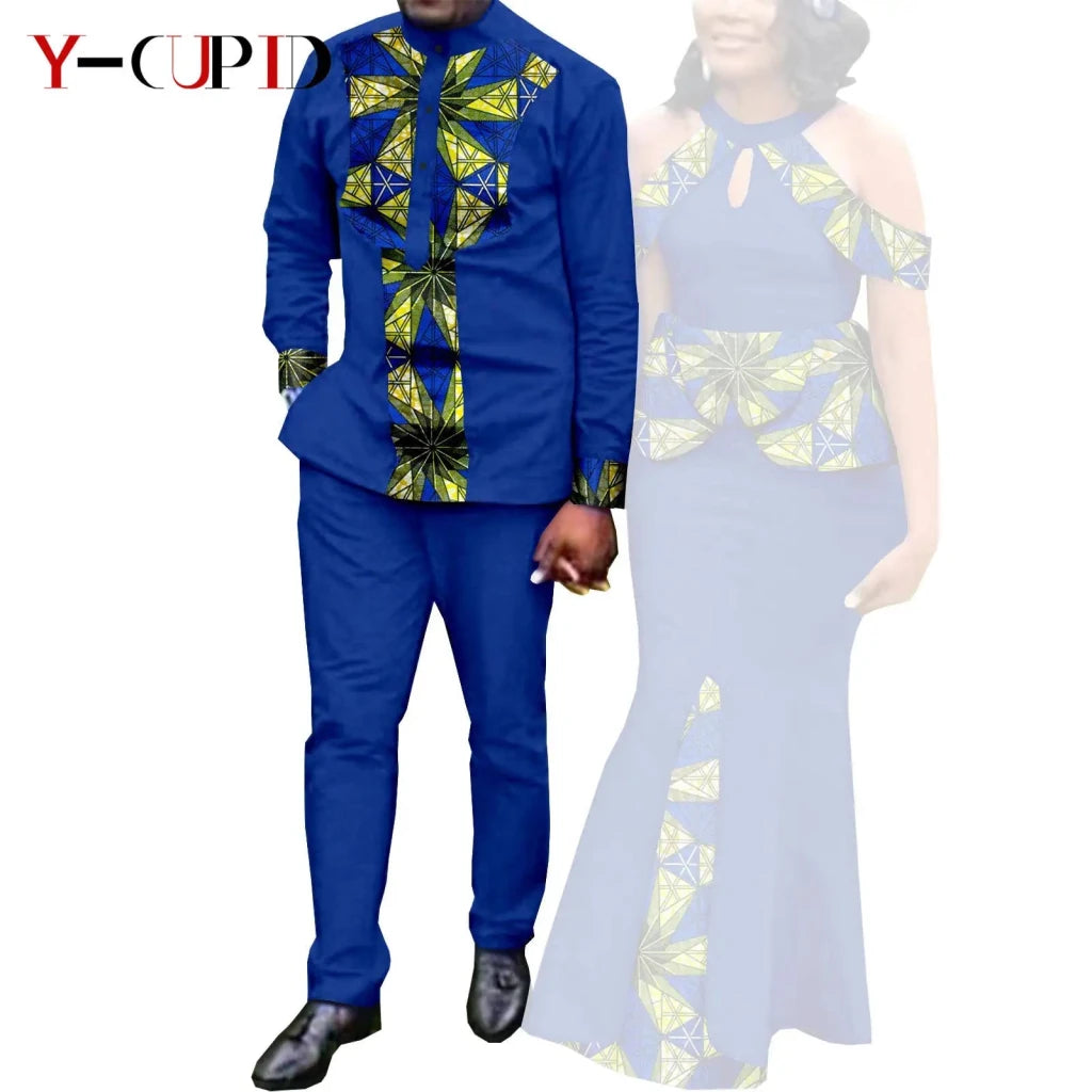 Buy Matching Bazin African Couple Attire – Women’s Mermaid Dress & Men’s Shirt Pant Set for only $67.83 at Flexi Africa!