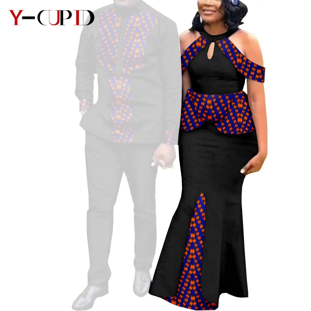 Buy Matching Bazin African Couple Attire – Women’s Mermaid Dress & Men’s Shirt Pant Set for only $67.83 at Flexi Africa!