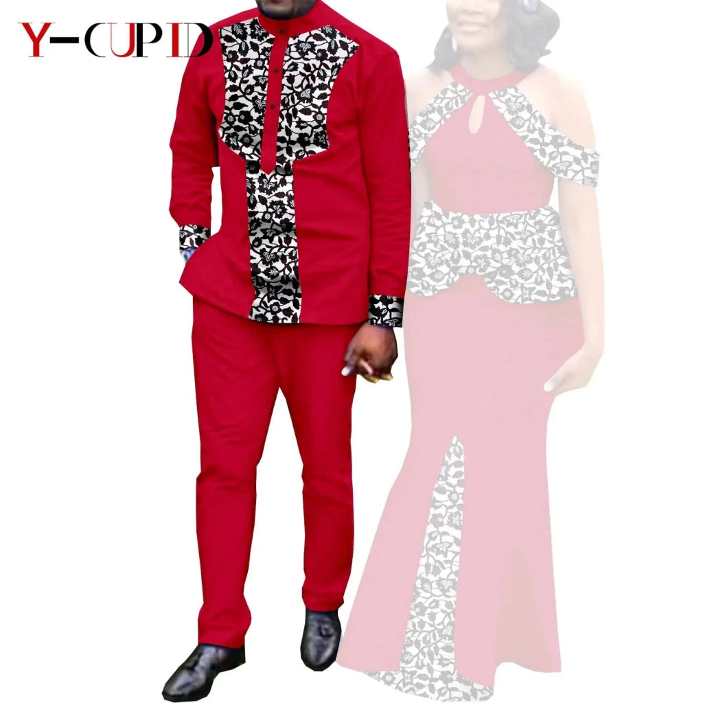 Buy Matching Bazin African Couple Attire – Women’s Mermaid Dress & Men’s Shirt Pant Set for only $67.83 at Flexi Africa!