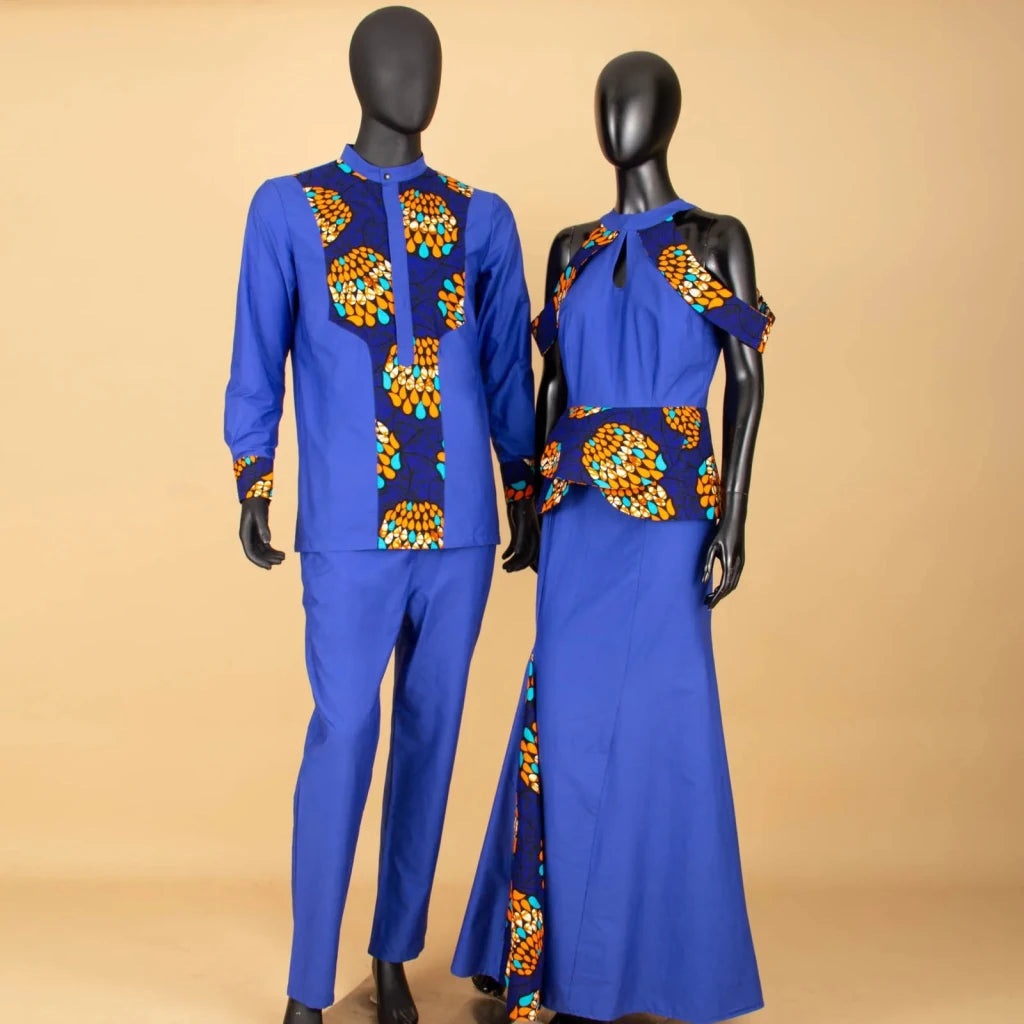 Buy Matching Bazin African Couple Attire – Women’s Mermaid Dress & Men’s Shirt Pant Set for only $67.83 at Flexi Africa!
