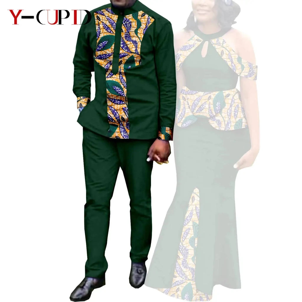 Buy Matching Bazin African Couple Attire – Women’s Mermaid Dress & Men’s Shirt Pant Set for only $67.83 at Flexi Africa!