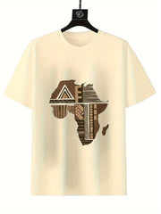 Men's 100% Cotton T-Shirt with African Map Geometric Design – Casual, Comfortable, and Unisex for All Seasons, Short Sleeve Crew Neck Tee in Beige, Casual Wear Tee | Crew Neck Shirt | 100% Cotton Fabric - Free Delivery Worldwide only at Flexi Africa