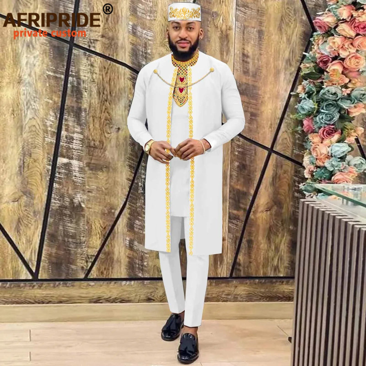 Men's African Agbada Robe 4PC Set – Embroidered Dashiki Shirt, Pants, Hat & Chain for Weddings and Evening - Free Delivery Worldwide only at Flexi Africa