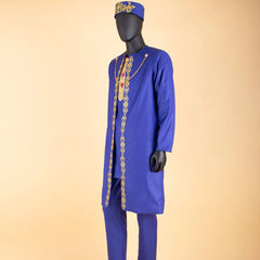 Men's African Agbada Robe 4PC Set – Embroidered Dashiki Shirt, Pants, Hat & Chain for Weddings and Evening - Free Delivery Worldwide only at Flexi Africa