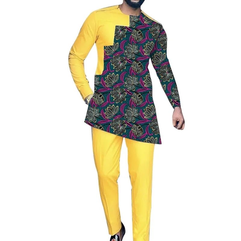 Men’s Bright African Patchwork Outfit – Yellow Pants with Tailored Top, Nigerian Wedding Attire - Free Delivery Worldwide only at Flexi Africa