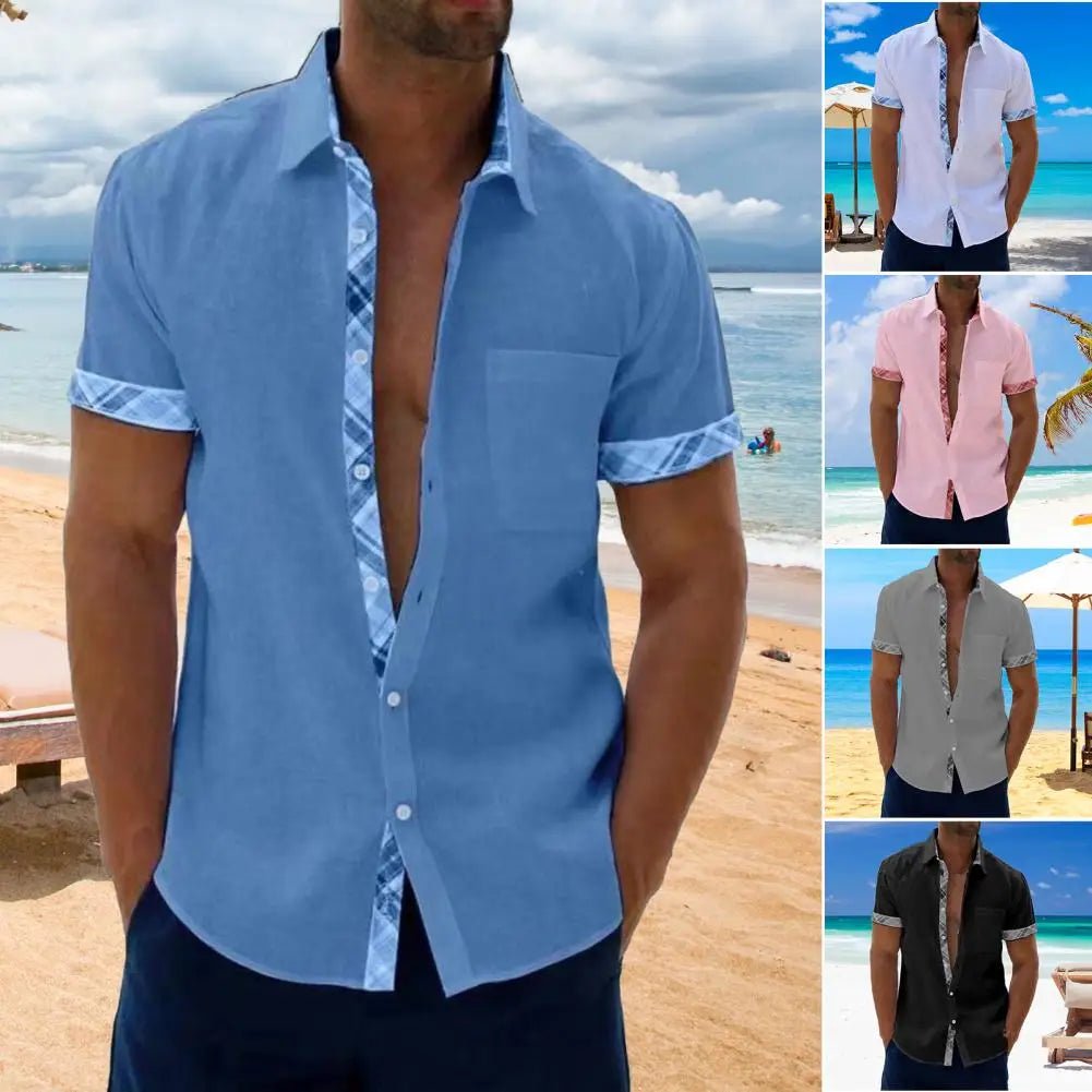 Men's Summer Plaid Short Sleeve Shirt - Button - Up Lapel with Patch Pocket Casual Top - Flexi Africa - Free Delivery Worldwide only at www.flexiafrica.com