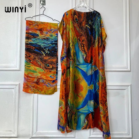 NEW WINYI african woman dresses Long Dress with belt Women Oil painting print kaftan Casual Elegant Holiday Bohemian party dress - Free Delivery Worldwide only at Flexi Africa