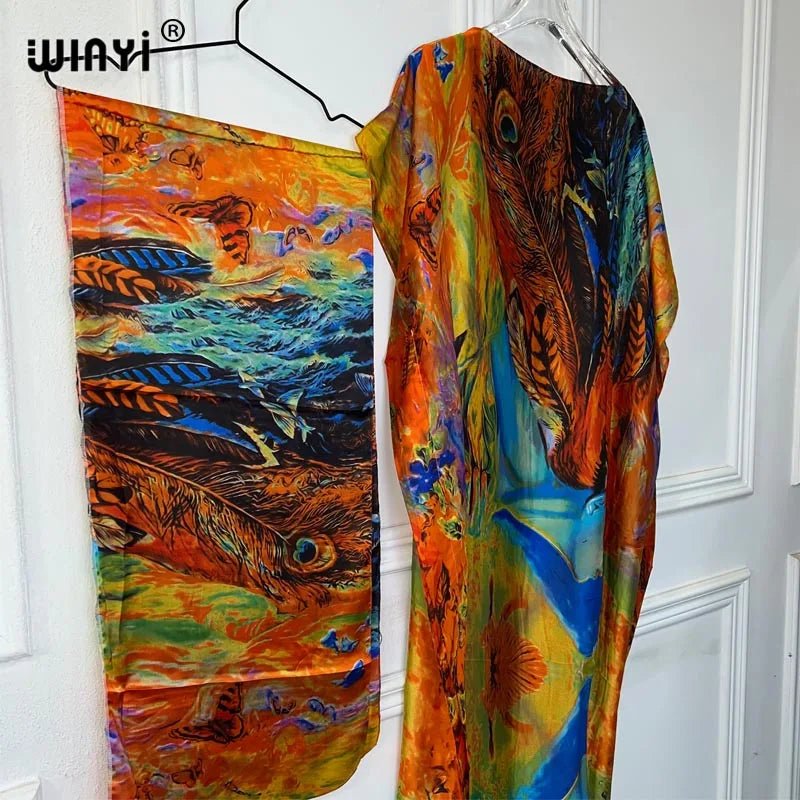 NEW WINYI african woman dresses Long Dress with belt Women Oil painting print kaftan Casual Elegant Holiday Bohemian party dress - Free Delivery Worldwide only at Flexi Africa