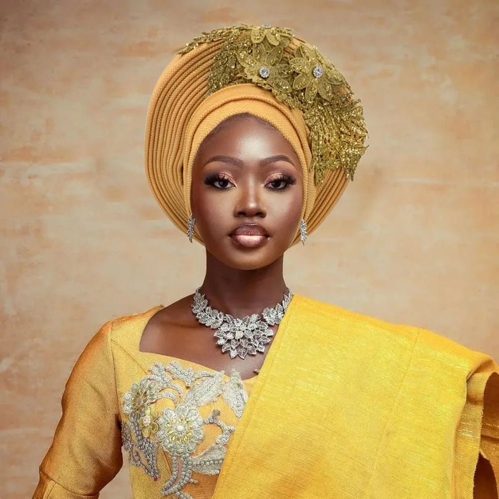 Nigerian Wedding Auto Gele – Elegant Embroidered Lace Women’s Turban Headtie - Free Delivery Worldwide only at Flexi Africa