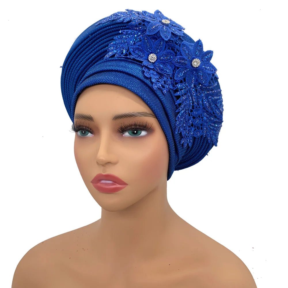 Nigerian Wedding Auto Gele – Elegant Embroidered Lace Women’s Turban Headtie - Free Delivery Worldwide only at Flexi Africa