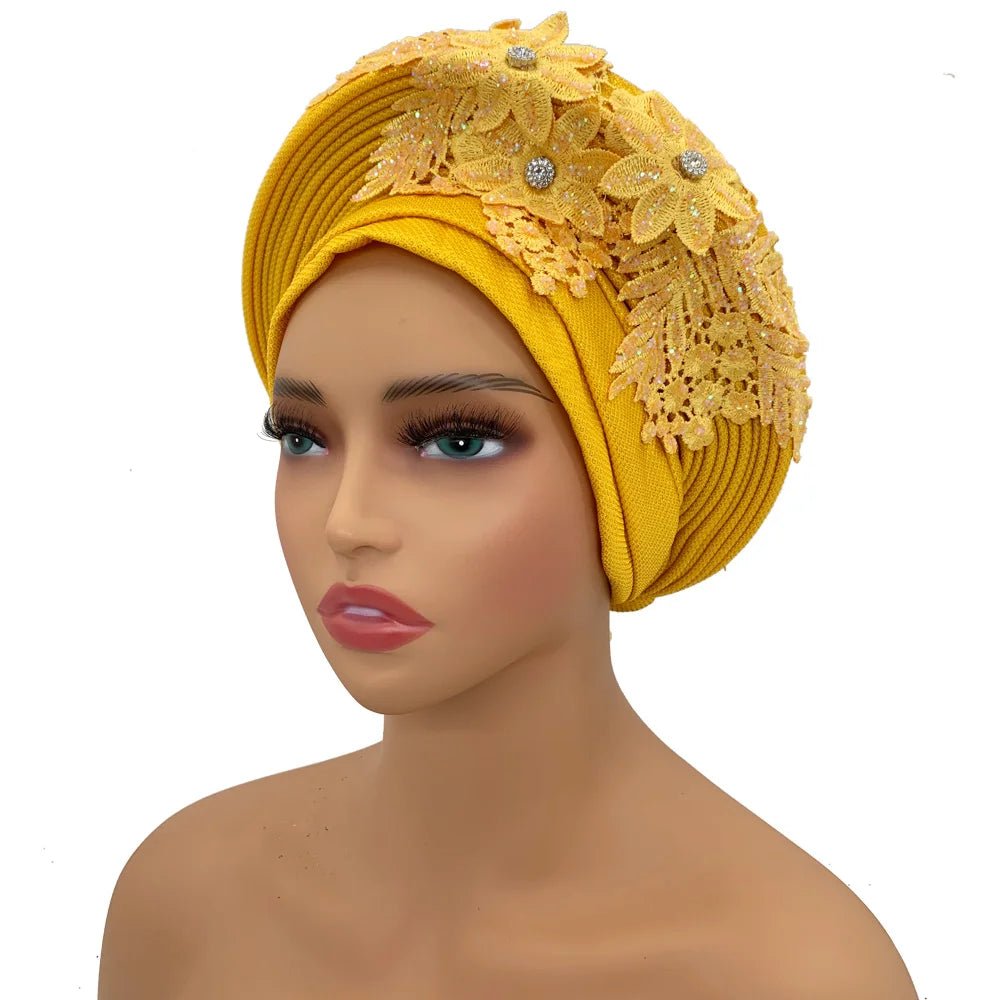 Nigerian Wedding Auto Gele – Elegant Embroidered Lace Women’s Turban Headtie - Free Delivery Worldwide only at Flexi Africa