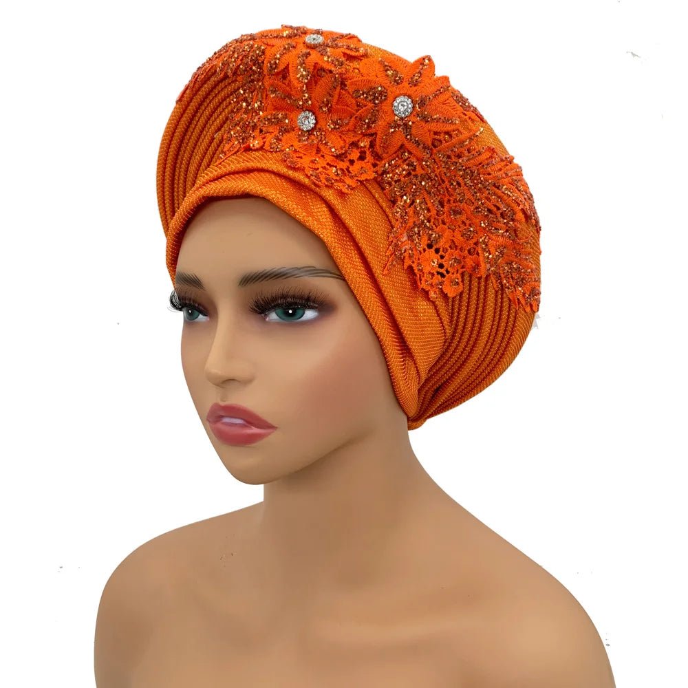 Nigerian Wedding Auto Gele – Elegant Embroidered Lace Women’s Turban Headtie - Free Delivery Worldwide only at Flexi Africa