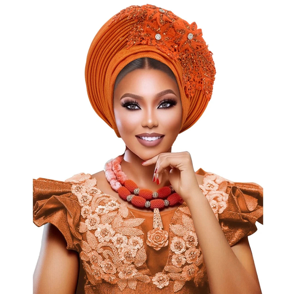 Nigerian Wedding Auto Gele – Elegant Embroidered Lace Women’s Turban Headtie - Free Delivery Worldwide only at Flexi Africa