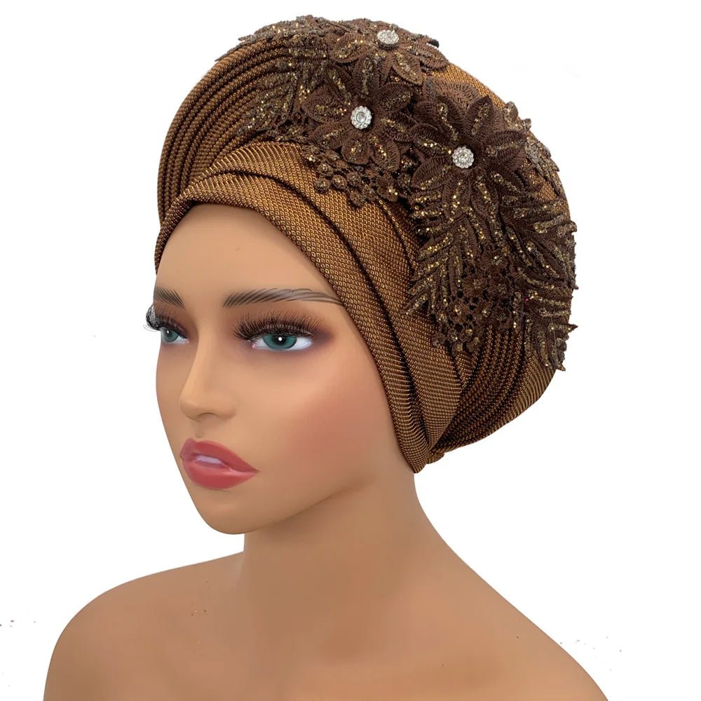 Nigerian Wedding Auto Gele – Elegant Embroidered Lace Women’s Turban Headtie - Free Delivery Worldwide only at Flexi Africa