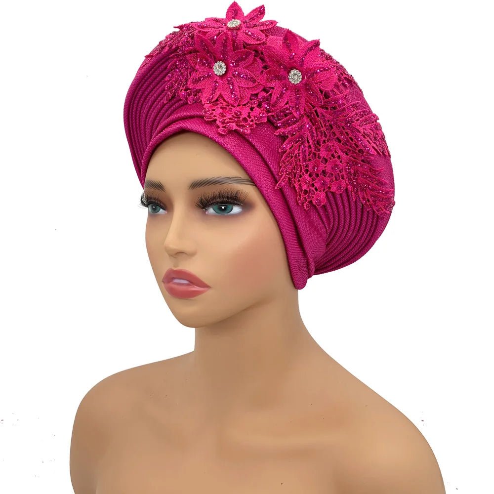 Nigerian Wedding Auto Gele – Elegant Embroidered Lace Women’s Turban Headtie - Free Delivery Worldwide only at Flexi Africa