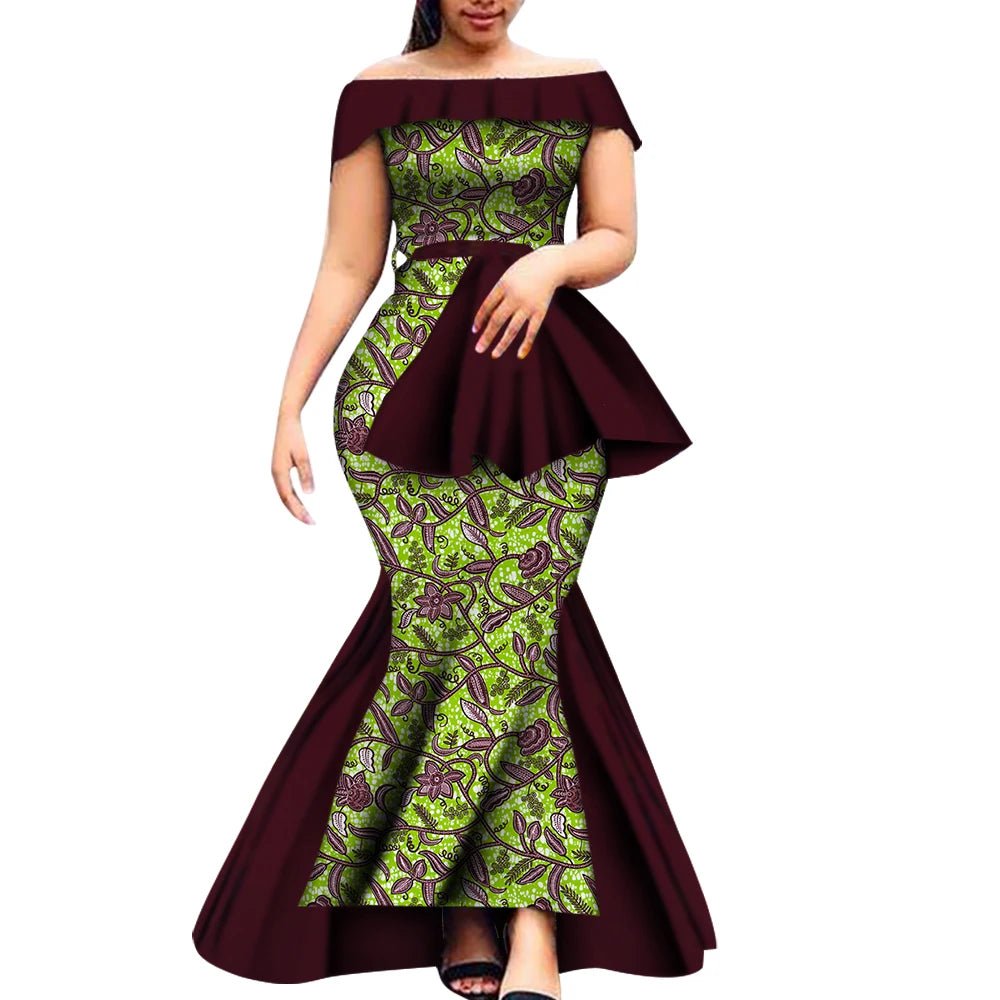 Off - Shoulder Bazin Riche African Dress for Women – Plus Size Elegant Party Gown - Free Delivery Worldwide only at Flexi Africa