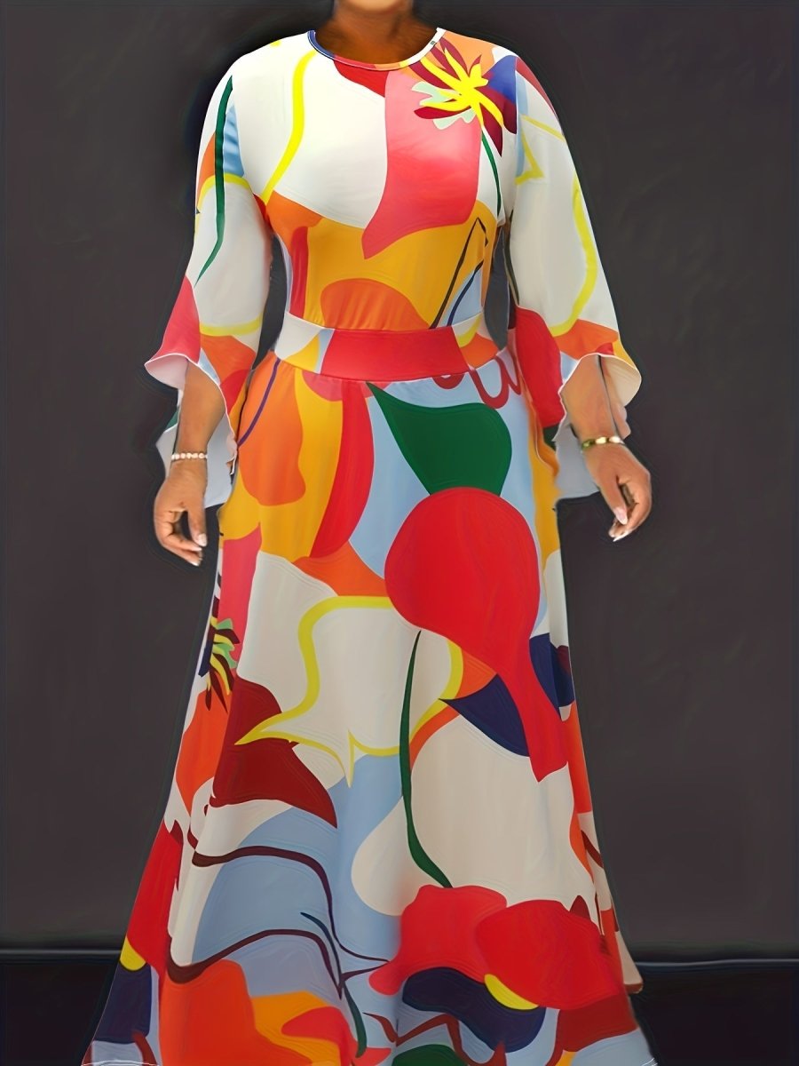 Plus Size Abstract Print Crew Neck Dress, Elegant Long Dress Waistband For Spring & Fall, Women's Plus Size Clothing - Free Delivery Worldwide only at Flexi Africa