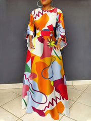 Plus Size Abstract Print Crew Neck Dress, Elegant Long Dress Waistband For Spring & Fall, Women's Plus Size Clothing - Free Delivery Worldwide only at Flexi Africa