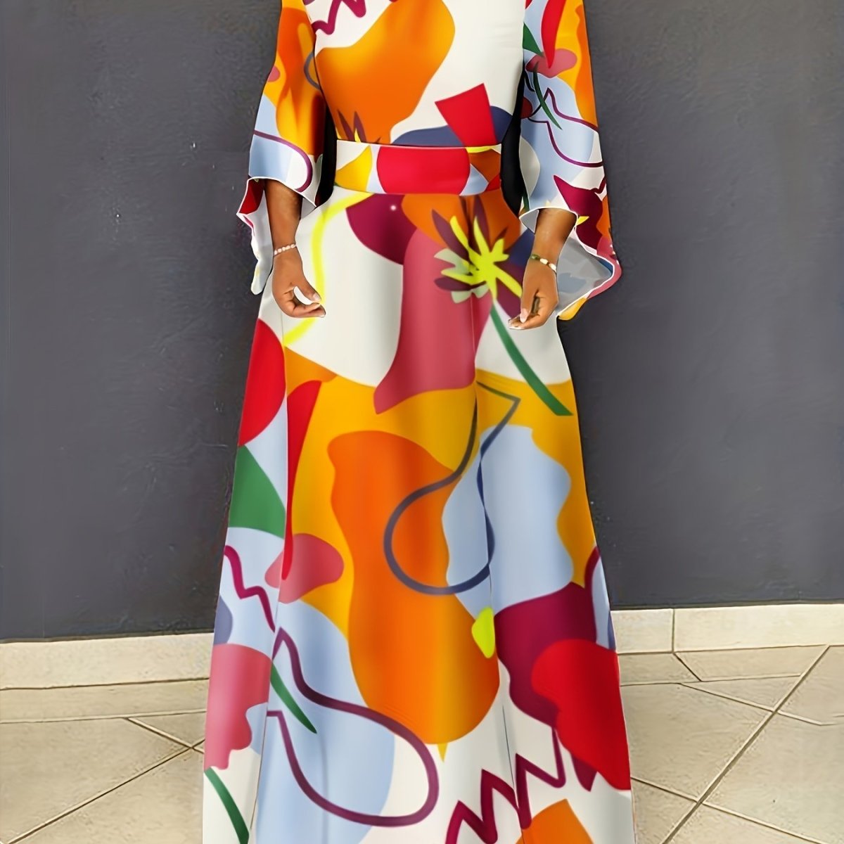 Plus Size Abstract Print Crew Neck Dress, Elegant Long Dress Waistband For Spring & Fall, Women's Plus Size Clothing - Free Delivery Worldwide only at Flexi Africa