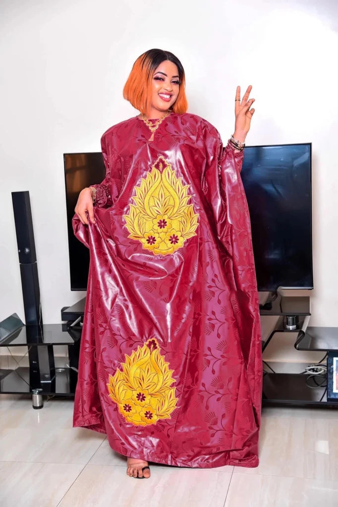Plus Size African Bazin Riche Dress for Women – Elegant Floor - Length Embroidered Gown with Matching Scarf - Free Delivery Worldwide only at Flexi Africa