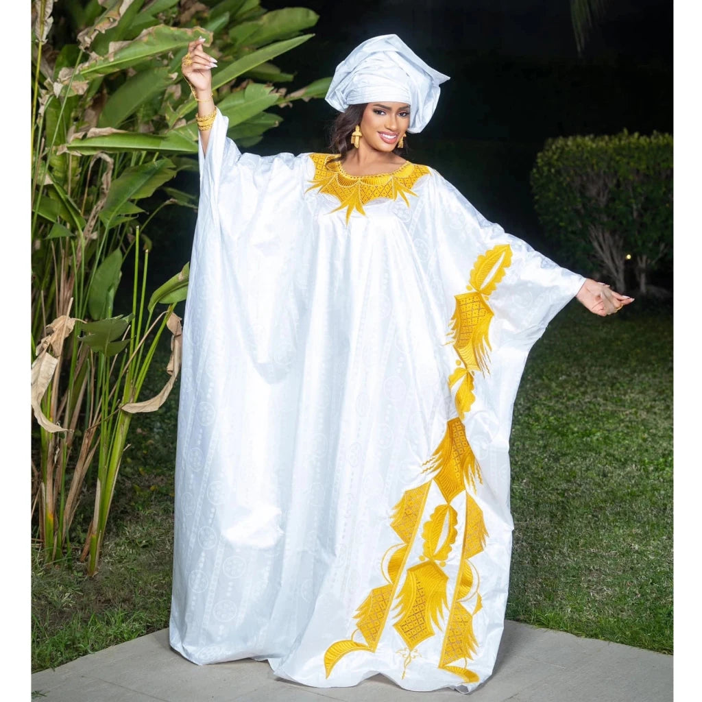 Plus Size African Bazin Riche Embroidered Floor - Length Dress with Matching Scarf - Free Delivery Worldwide only at Flexi Africa