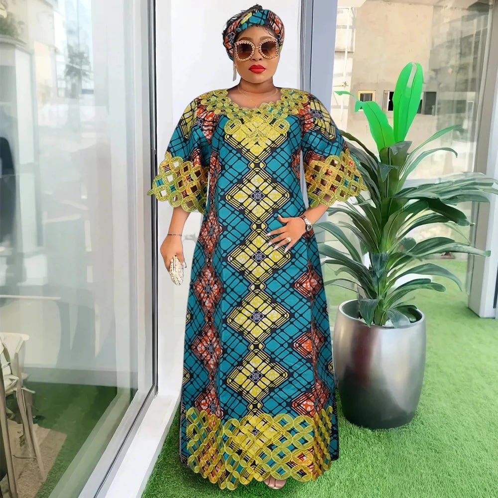 Plus Size African Dresses for Women – Dashiki Bazin Riche Wax Design Wedding Party Dresses with Headscarf - Free Delivery Worldwide only at Flexi Africa