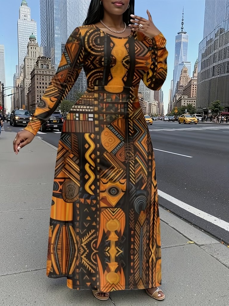 Plus Size African Tribal Print Maxi Dress – Long Sleeve A - Line Fit - Free Delivery Worldwide only at Flexi Africa