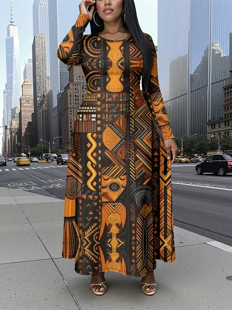 Plus Size African Tribal Print Maxi Dress – Long Sleeve A - Line Fit - Free Delivery Worldwide only at Flexi Africa