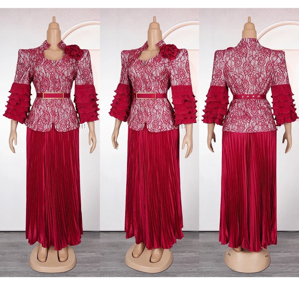 Plus Size African Wedding Outfit – Red Lace Top & Elegant Pleated Maxi Skirt Set - Free Delivery Worldwide only at Flexi Africa