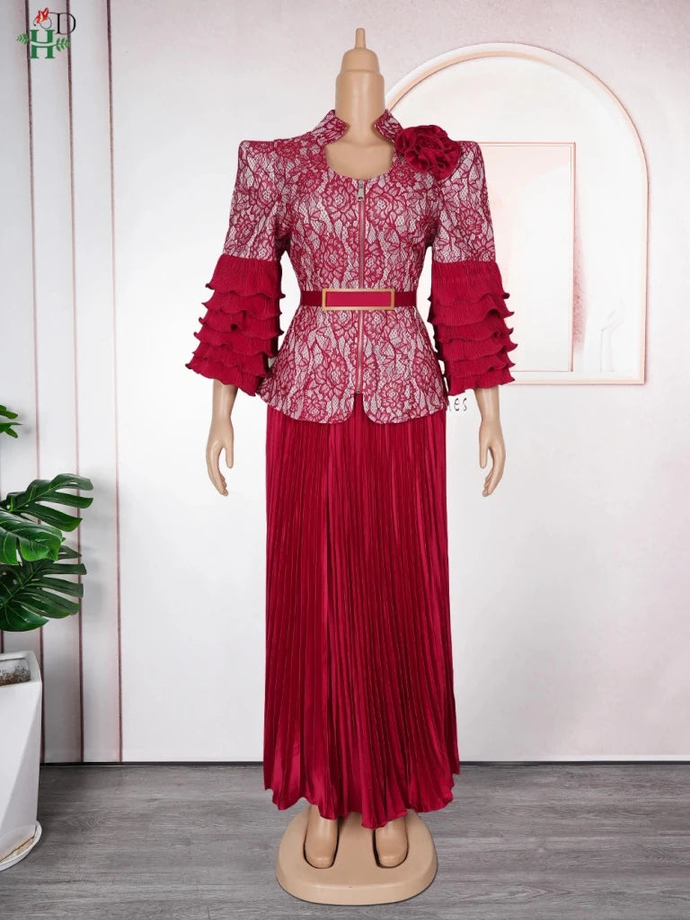 Plus Size African Wedding Outfit – Red Lace Top & Elegant Pleated Maxi Skirt Set - Free Delivery Worldwide only at Flexi Africa