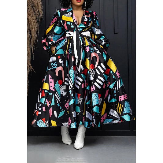 Plus Size Business Casual Maxi Dress: Black All Over Print with Lantern Sleeves and Pocket - Free Delivery Worldwide only at Flexi Africa