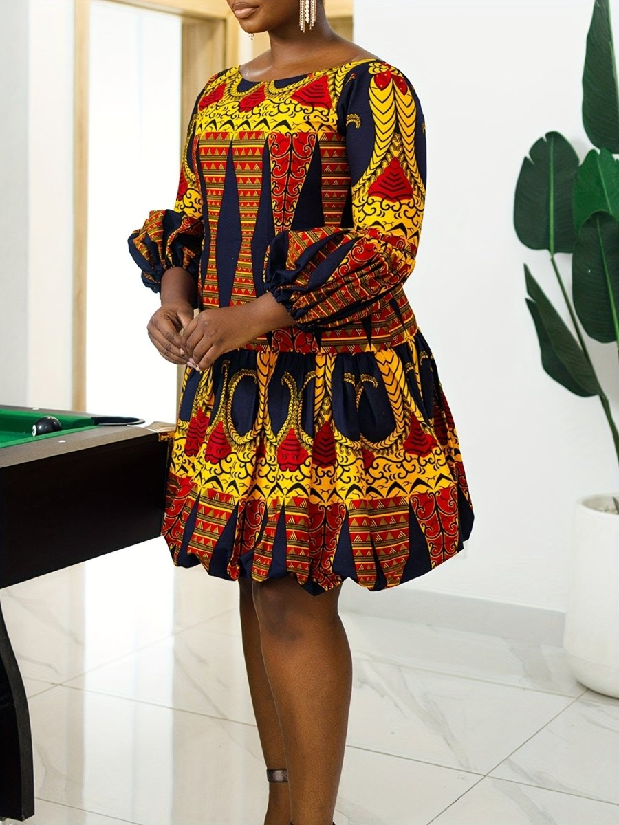 Plus Size Color Block Off - Shoulder Dress – Geometric Print, Flowy Fit, Ideal for Spring/Fall Events - Free Delivery