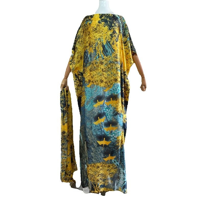 Plus-Size Dress Set with Elegant Floor-Length Gown and Matching Scarf - Flexi Africa - Flexi Africa offers Free Delivery Worldwide - Vibrant African traditional clothing showcasing bold prints and intricate designs