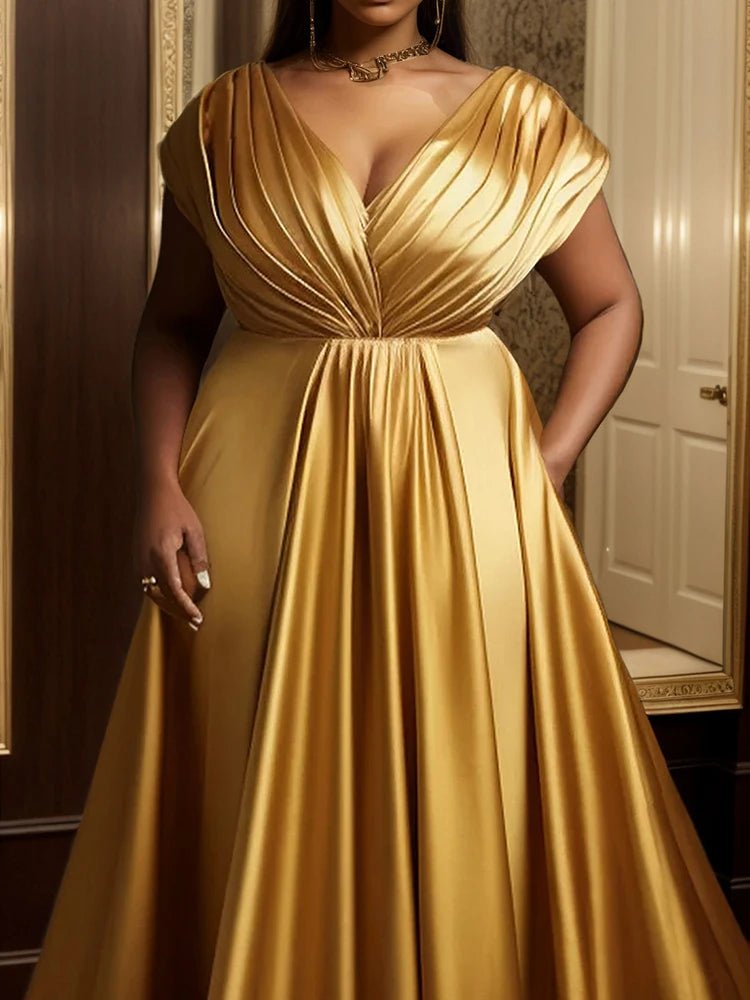 Plus Size Formal Evening Satin Dress Elegant Tierred V - Neck Sleeveless Gold Luxury High Waist A - Line Party Wedding Maxi Dresses - Free Delivery Worldwide only at Flexi Africa