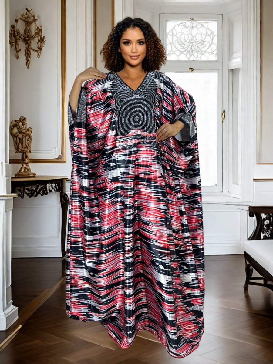 Plus Size Geometric Print Maxi Kaftan – V - Neck, Long Sleeve, Rhinestone Detail, Glossy Finish - Free Delivery Worldwide only at Flexi Africa
