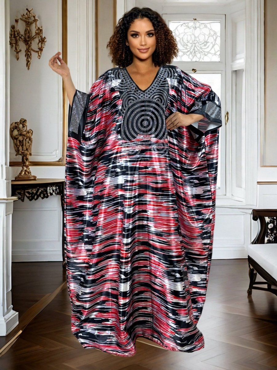 Plus Size Geometric Print Maxi Kaftan – V - Neck, Long Sleeve, Rhinestone Detail, Glossy Finish - Free Delivery Worldwide only at Flexi Africa