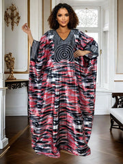 Plus Size Geometric Print Maxi Kaftan – V - Neck, Long Sleeve, Rhinestone Detail, Glossy Finish - Free Delivery Worldwide only at Flexi Africa